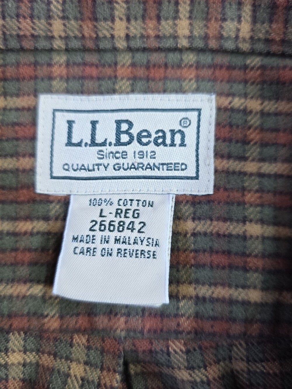 LL Bean Plaid Flannel Button Up Shirt Brown Green Mens Size L Long Sleeve Cotton - Picture 4 of 9